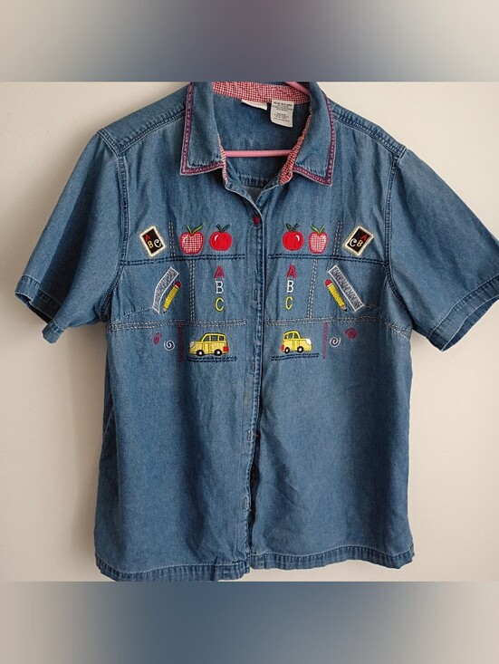 White Stag Tops - Vintage Embroider Applique ABC Teacher Educator School Demin Top Pencil Apple